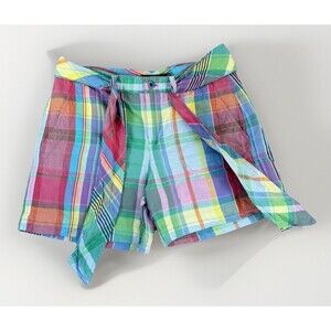 Lauren Ralph Lauren Shorts Womens 4 Linen Blend Madras Plaid Tie Waist Preppy